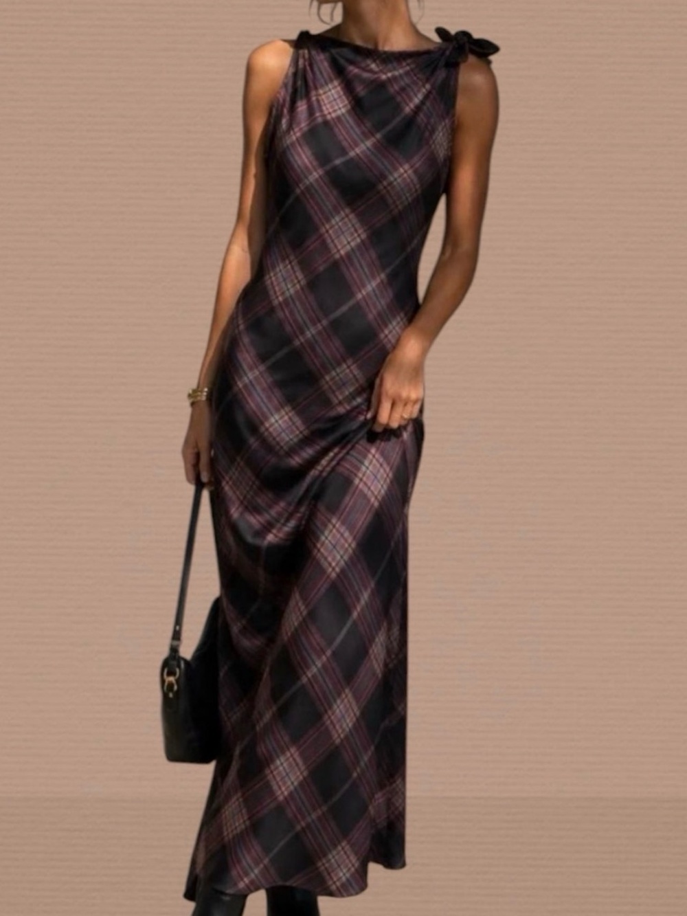 Camila Coelho Plaid Sleeveless Maxi Dress with Shoulder Tie